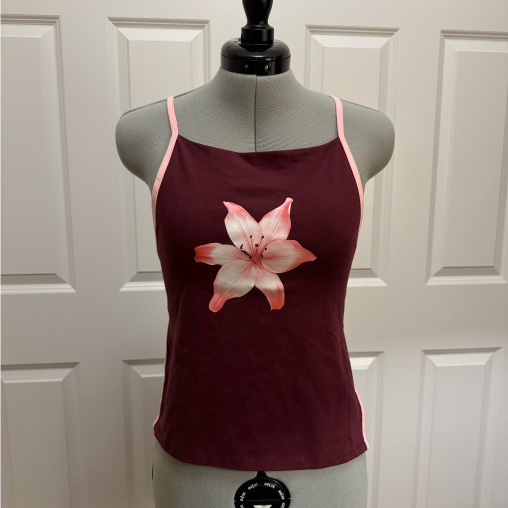 Burgundy and Pink Open Back Tank Top with Flower by Glasson - Women's Medium